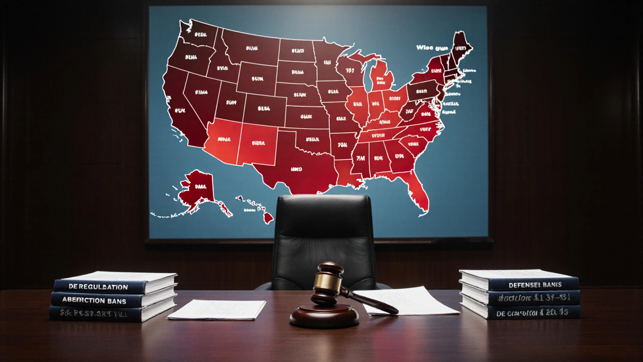 Courtroom table with documents on deregulation, abortion bans, and defense budget