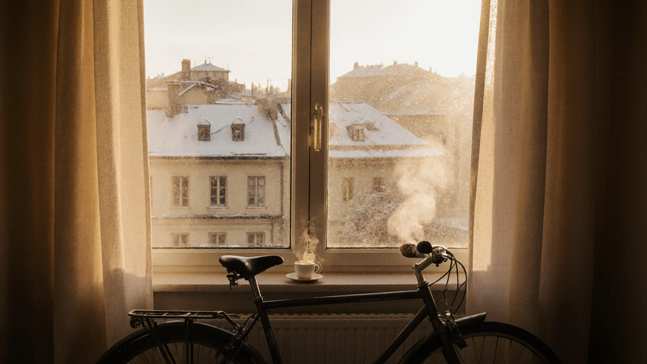 Cozy winter apartment in Sarajevo with snow outside and warm interior light