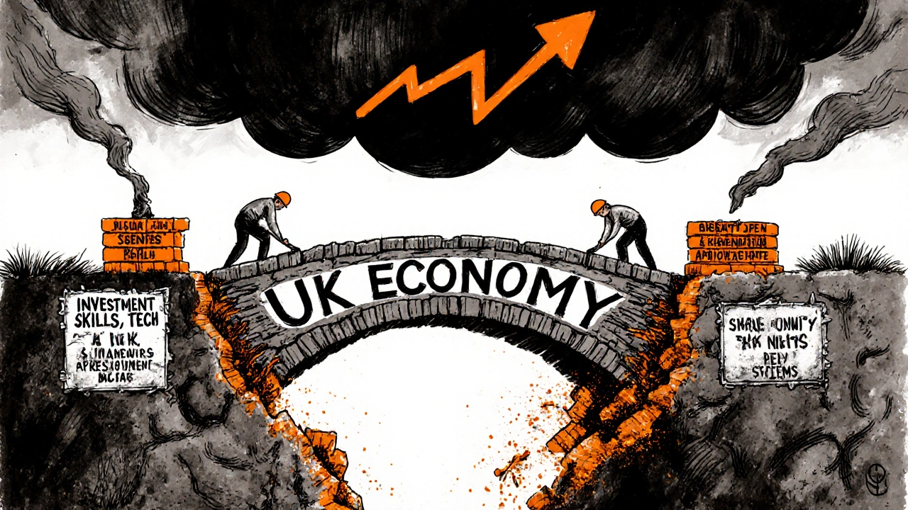 Crumbling bridge labeled UK Economy, workers struggling to repair it amid debt and red tape.