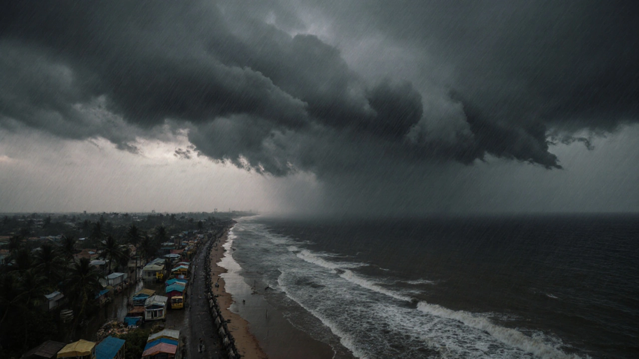 Cyclone Ditwah swirling over India&#039;s east coast with evacuation efforts visible on the flooded shoreline.
