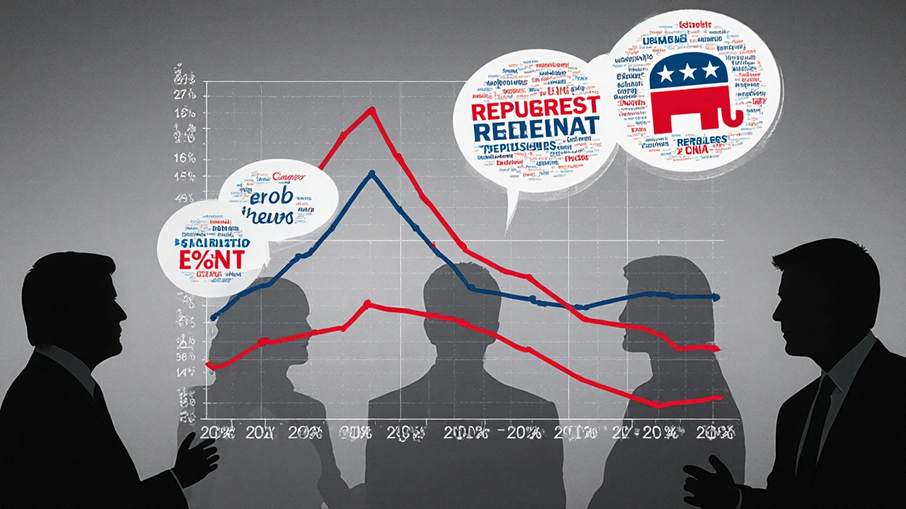 Data chart showing CNN viewer shift from 49% to 78% Democratic-leaning, word clouds of biased language.