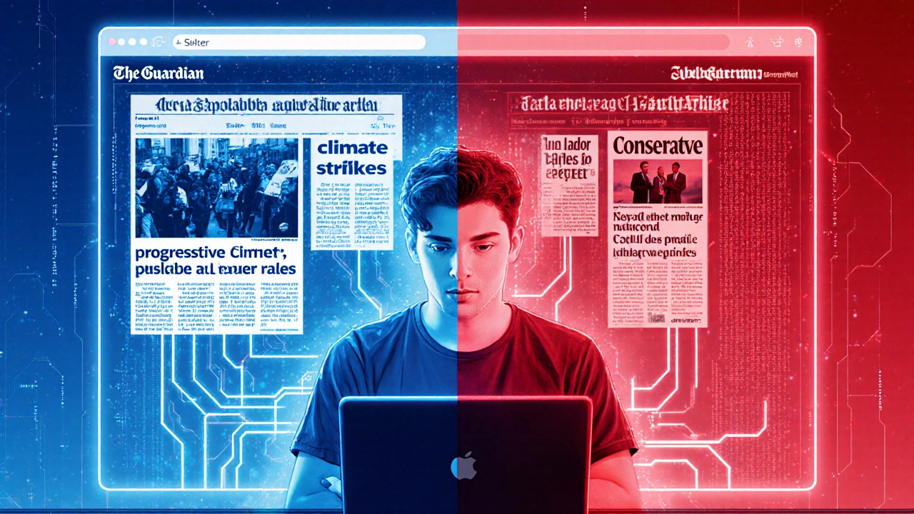 Digital feed showing progressive content glowing on one side, conservative news dimmed, young reader at laptop.