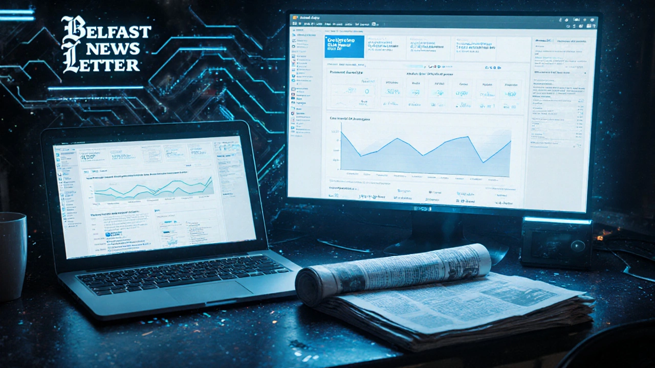 Digital screen showing Belfast News Letter analytics beside a faded print edition on a desk.