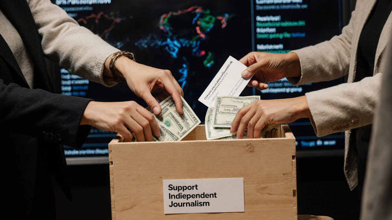 Diverse readers donating money to support independent journalism.