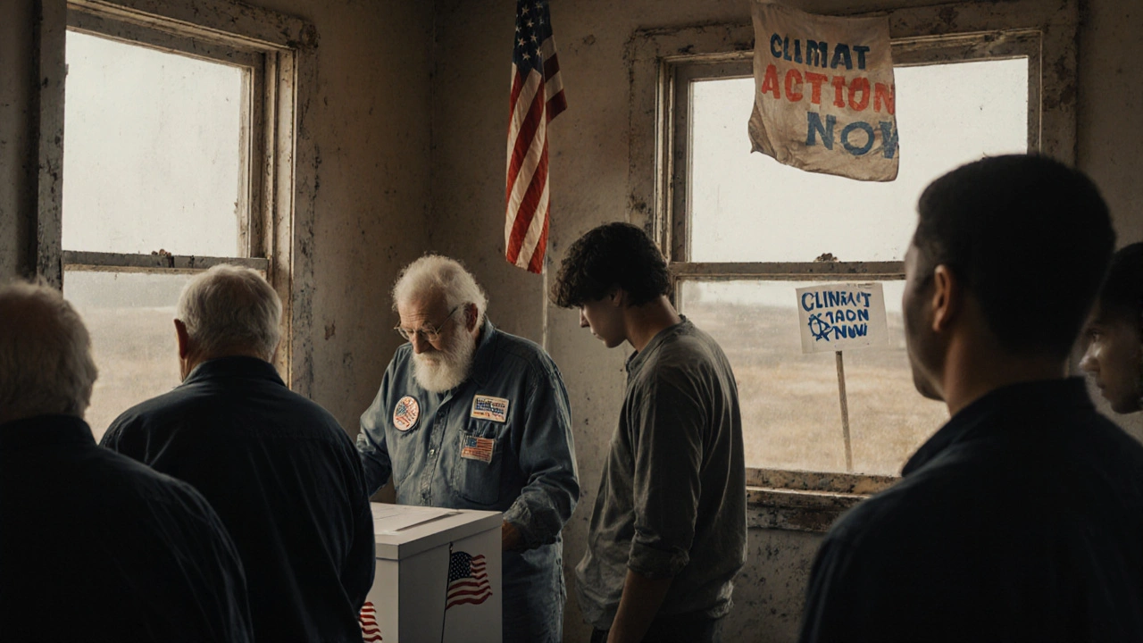 Diverse voters casting ballots in rural polling station under American flag