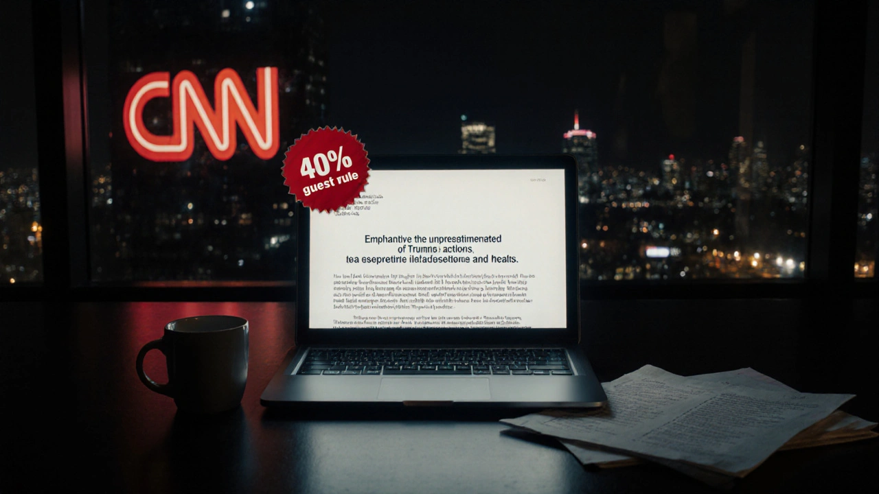 Empty CNN desk at night with leaked memo on laptop, peeling compliance sticker, cinematic lighting.