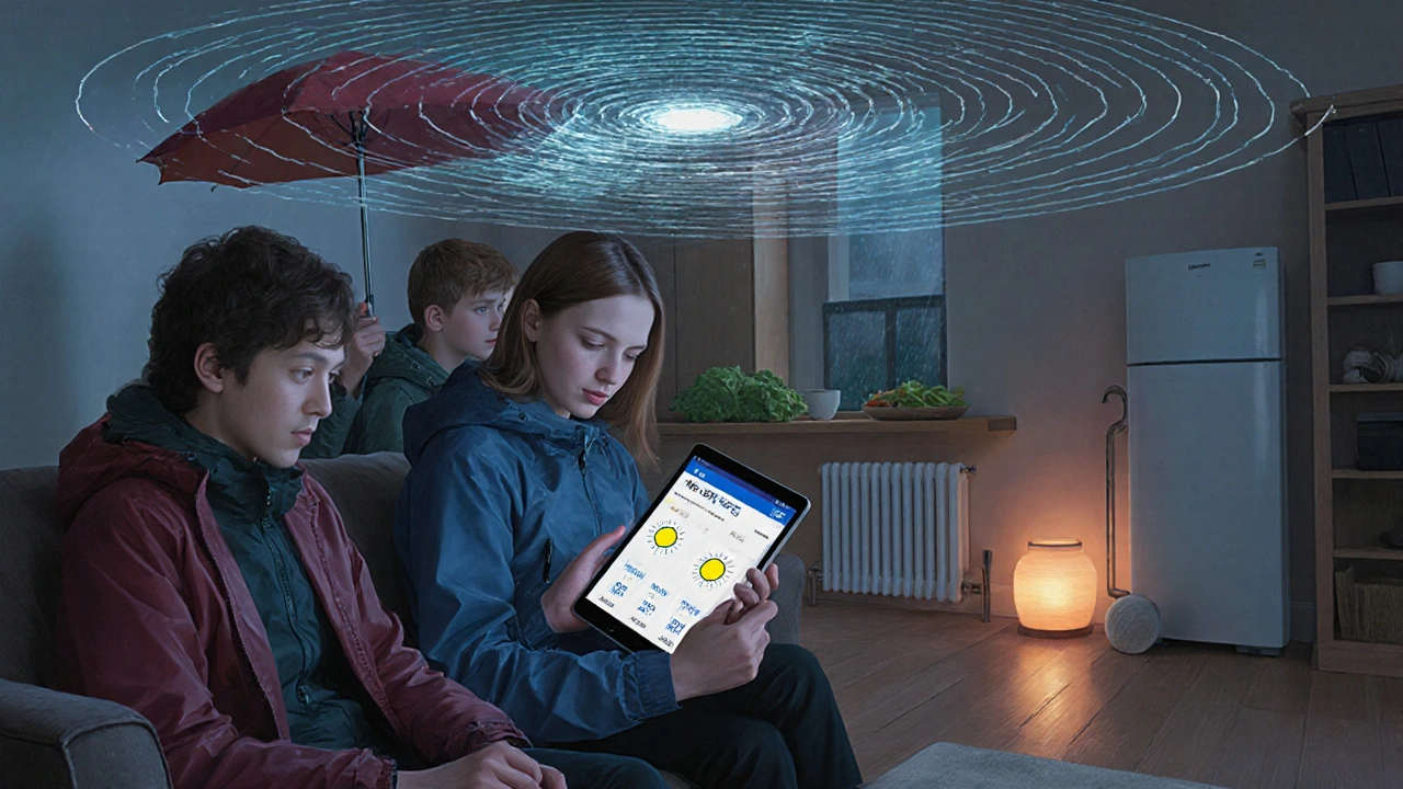 Family checking weather app at home, prepared for rain, with reduced groceries and heating on during a wet November.