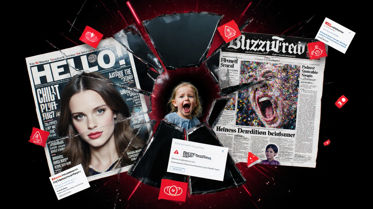 Fractured mirror reflecting different celebrity news outlets with a child&#039;s hand reaching out