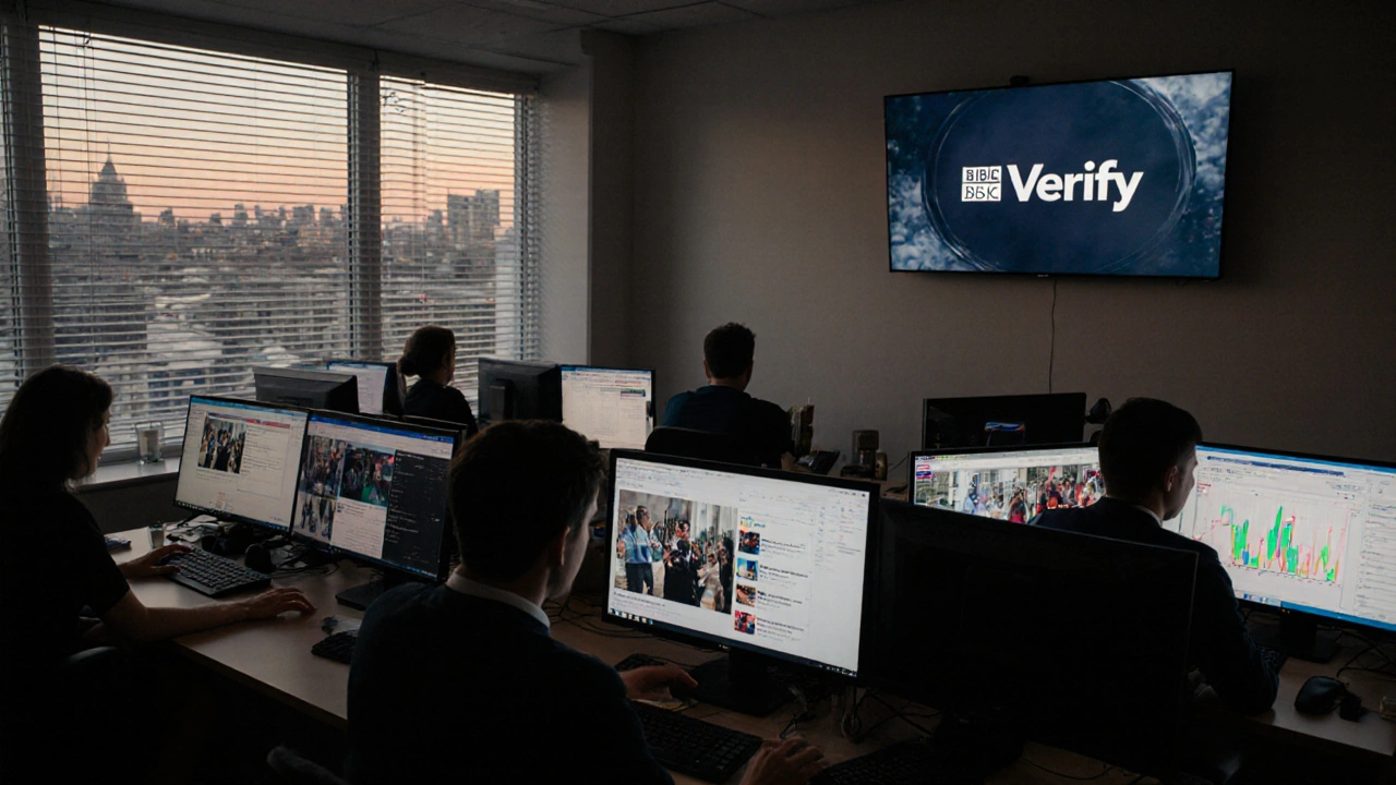 Journalists at BBC Verify fact-checking viral content in a quiet newsroom with verified labels on screens.