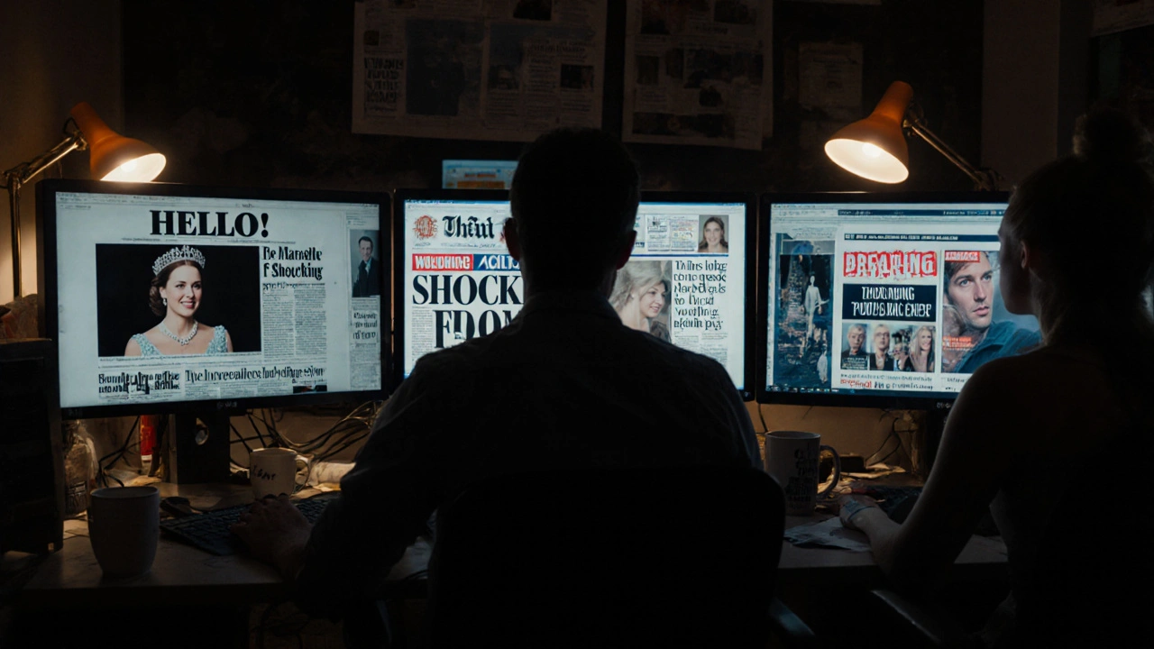 Newsroom editors monitoring competing celebrity headlines at night