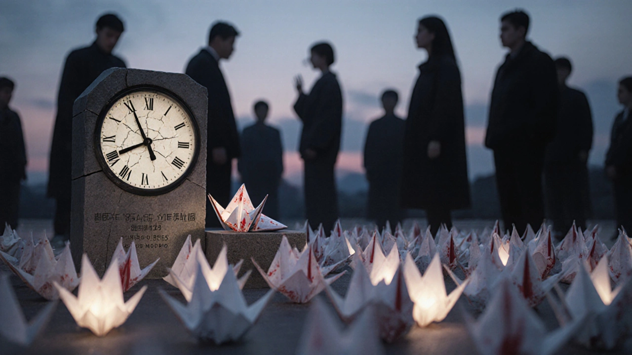 Rows of paper cranes and a child's shoe at the Hiroshima Peace Memorial under soft twilight light.