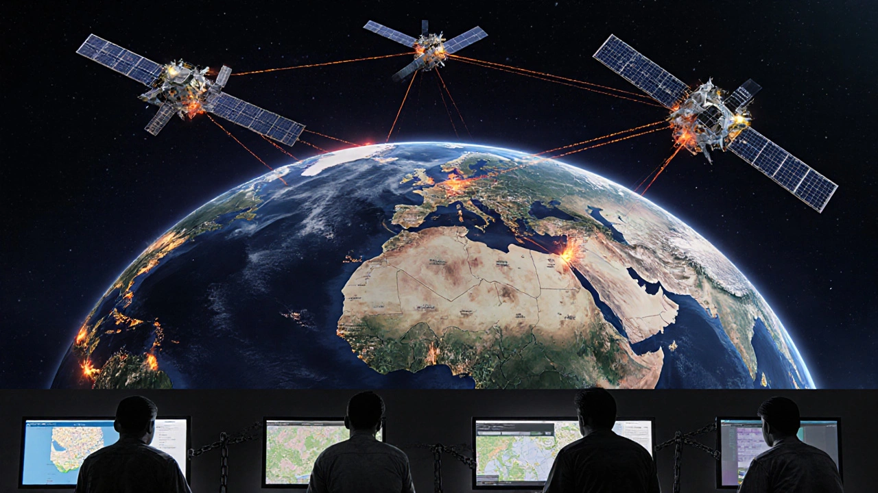 Satellites transmitting data to developing nations, while cyber-slavery centers operate in shadows.