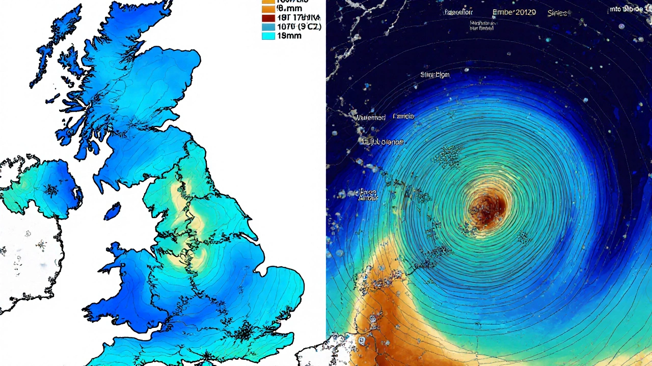 Scientific map of UK rainfall patterns with Met Office data showing intensity gradients and Atlantic low-pressure system.