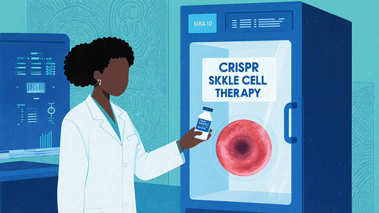 Scientist in a lab placing a CRISPR therapy vial into storage, with a hologram of healthy blood cells.
