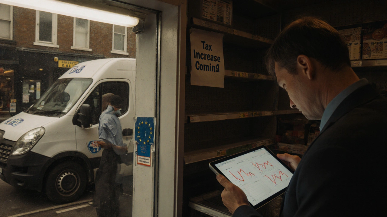 Small business owner facing declining sales and tax notice, delivery van delayed at customs.