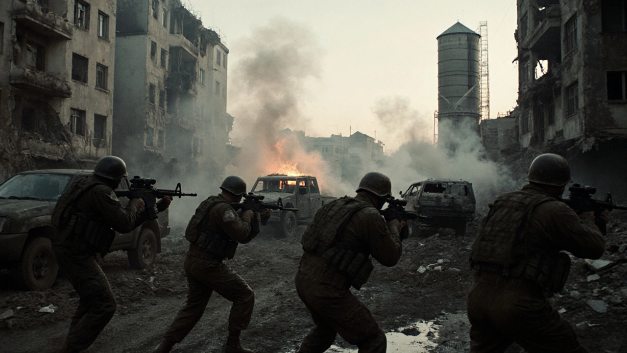 Soldiers fight in the shattered streets of Pokrovsk, Ukraine, under smoky dawn light.