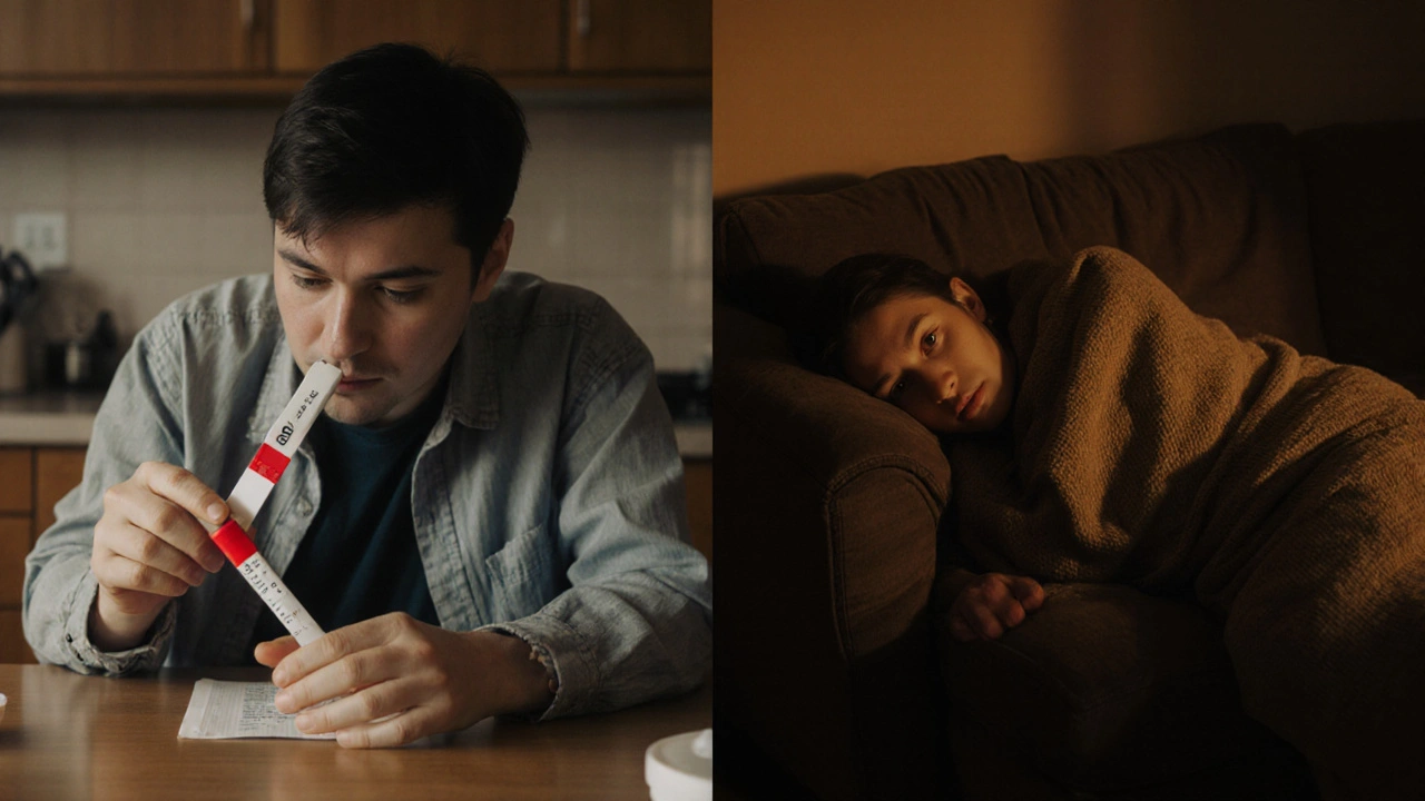 Split image: person taking a COVID test and later resting in fatigue.