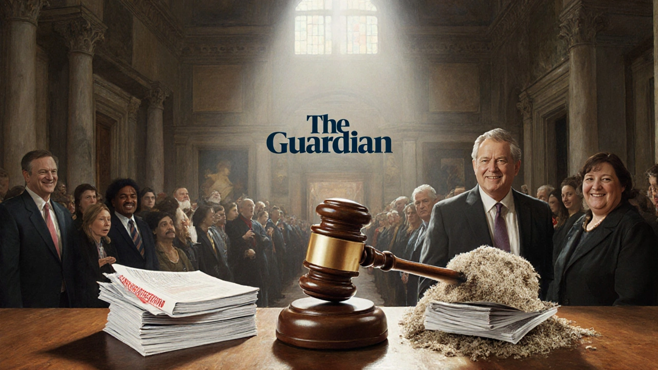 The Guardian logo as a judge’s gavel balancing Labour policies against neglected Conservative papers in a symbolic courtroom.