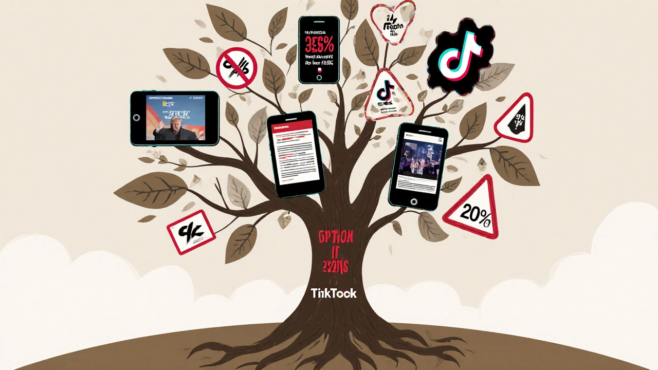 Tree with smartphone-screen branches showing TikTok news growth from 3% to 20%.