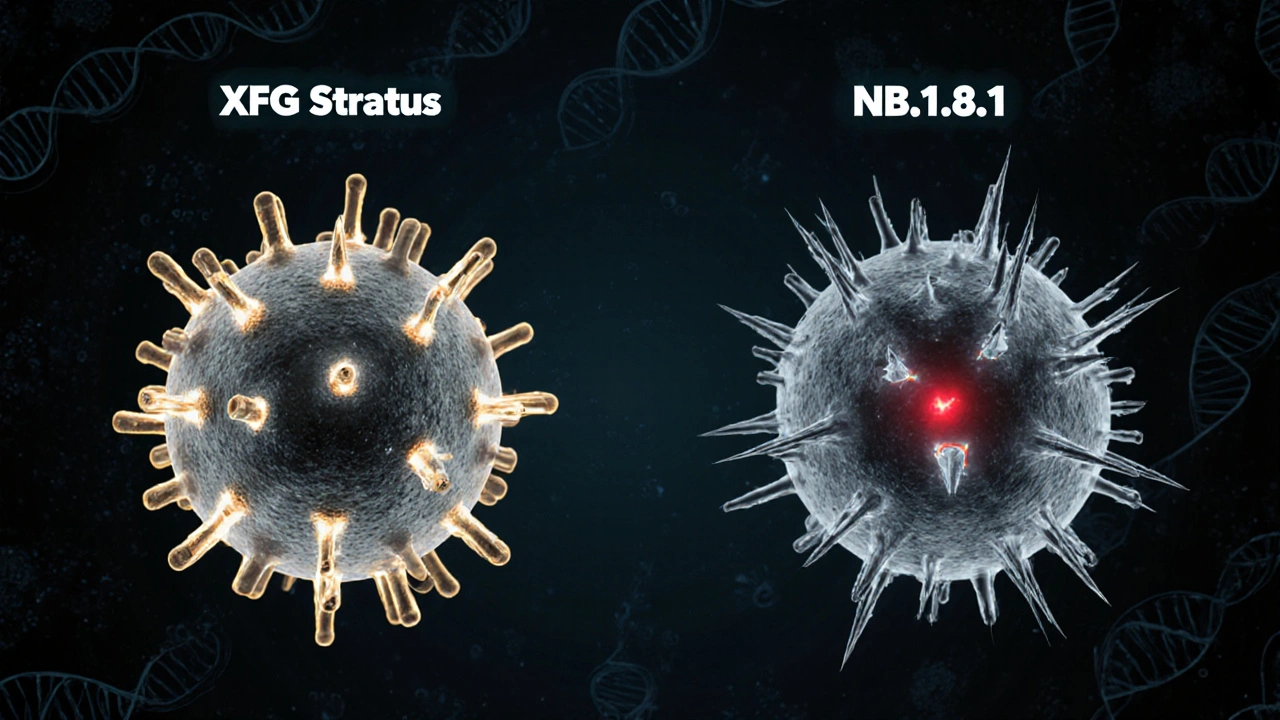Two viral variants side by side, one with golden spikes binding to cells, the other with jagged spikes and a red pulse.