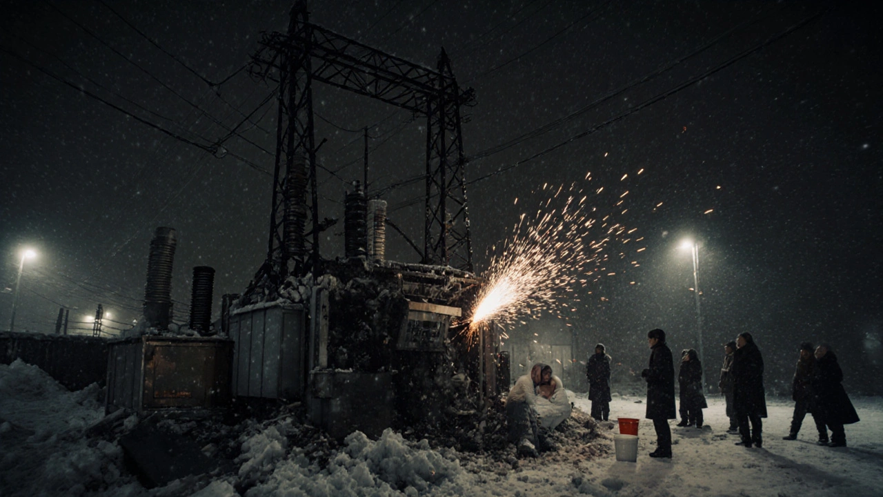 Ukrainian civilians queue for hot water at night near a destroyed power station under falling snow.