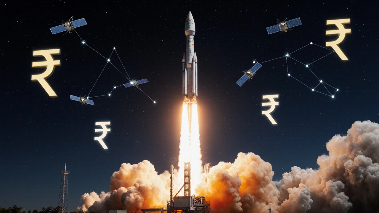 Vikram-I rocket launching at night with glowing plume and satellite constellations in the sky above.