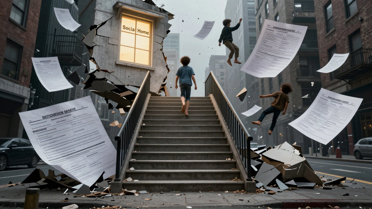 A child climbs a staircase of paperwork toward one glowing social home window, while others fall into darkness.