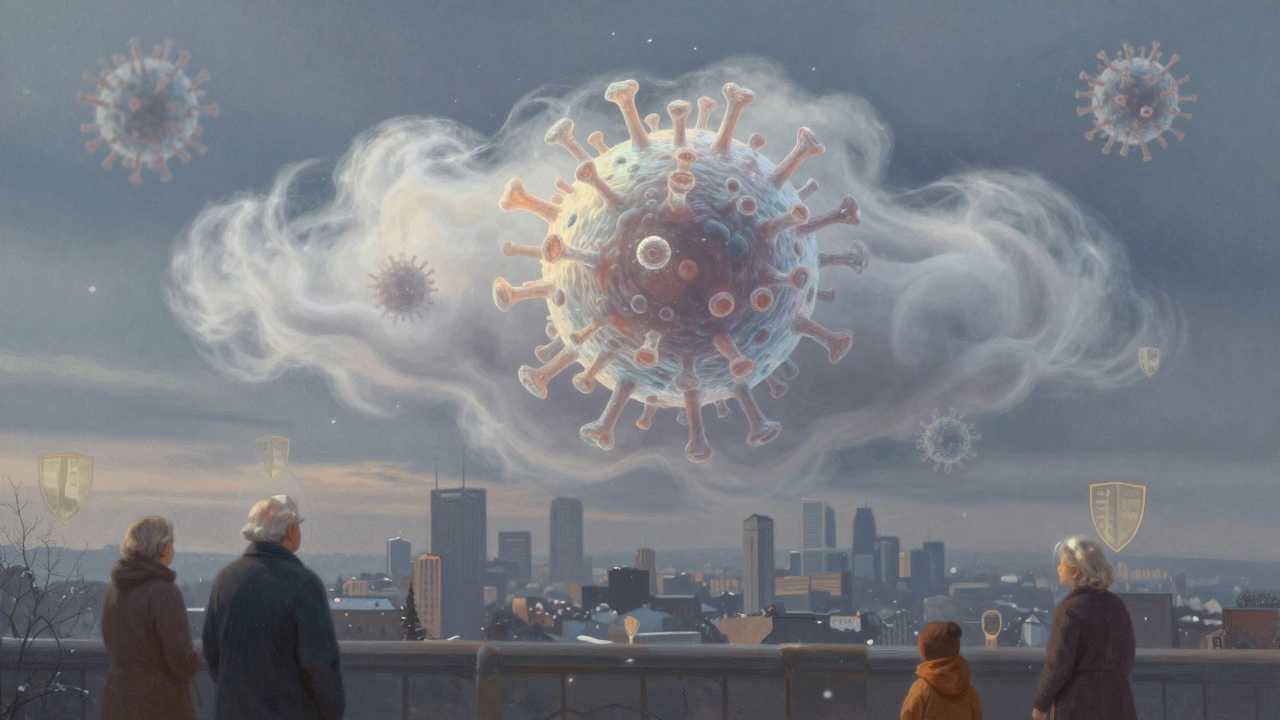 A cloud-like viral variant drifting over a city as smaller variants fade, with protective shields above vulnerable people in snowy air.