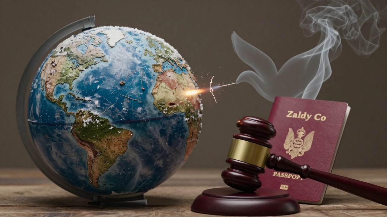 A cracked globe shows Ukraine at war and a corrupted passport, symbolizing global crises of conflict and corruption.