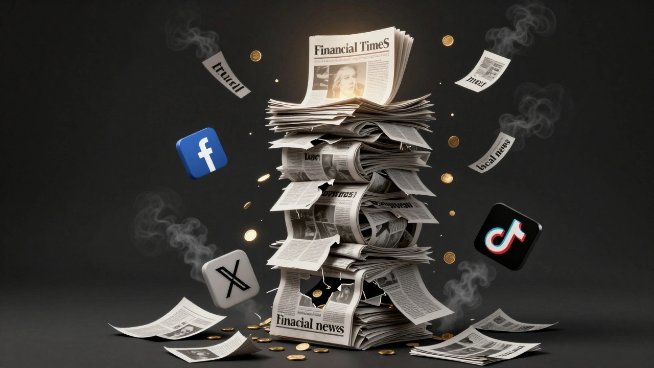 A crumbling tower of newspapers being pulled apart by digital icons, with one glowing Financial Times at the top.