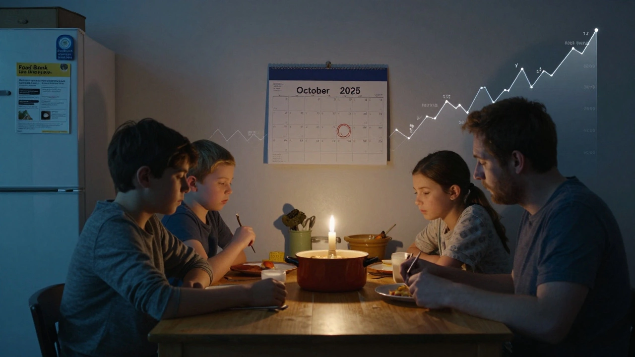 A family eating a simple meal by candlelight, with a food bank flyer on the fridge and rising price graphs subtly visible in the background.
