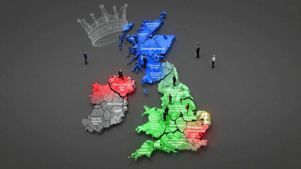 A fractured map of the UK showing regional power flows and fading royal symbolism.