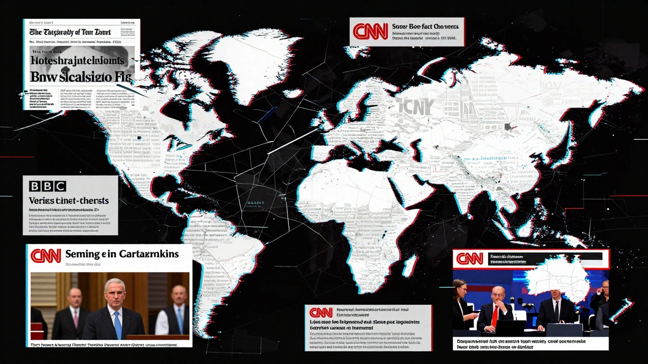 A fractured mosaic of global headlines dissolving into pixels, showing NYT, BBC, and CNN's distinct reporting styles.