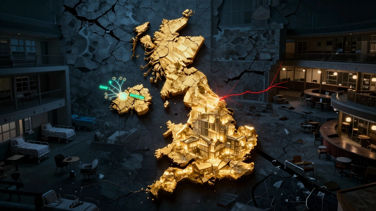 A fractured UK map shows glowing tech hubs on one side and dark, empty public services on the other.