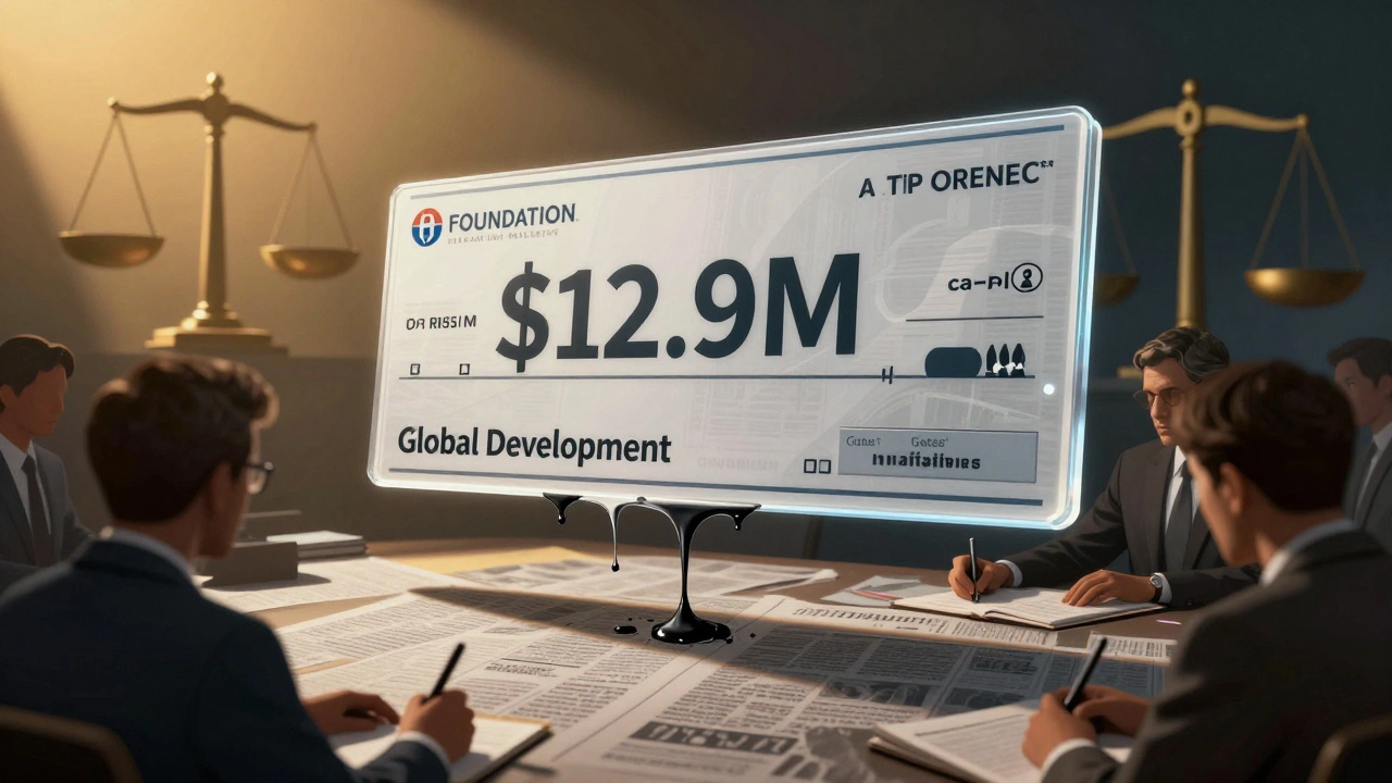 A giant transparent check drips funding ink onto a newspaper’s Global Development section, casting long shadows over reporters.