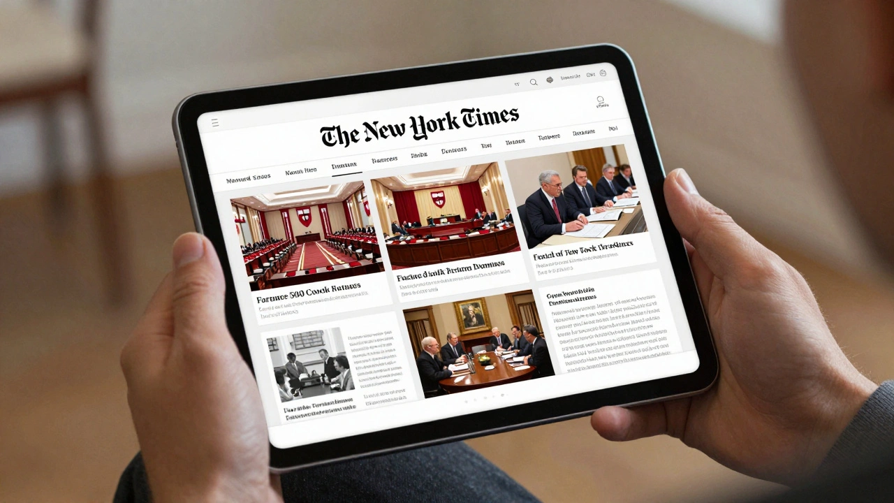 A hand holding a tablet with the New York Times app, overlaid with scenes of global decision-makers reading it.