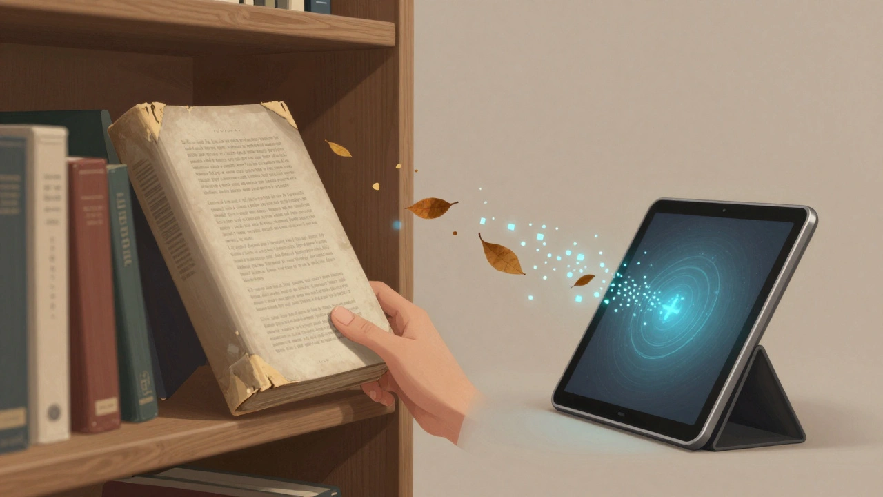A hand placing a book on a shelf as paper leaves turn into digital pixels.
