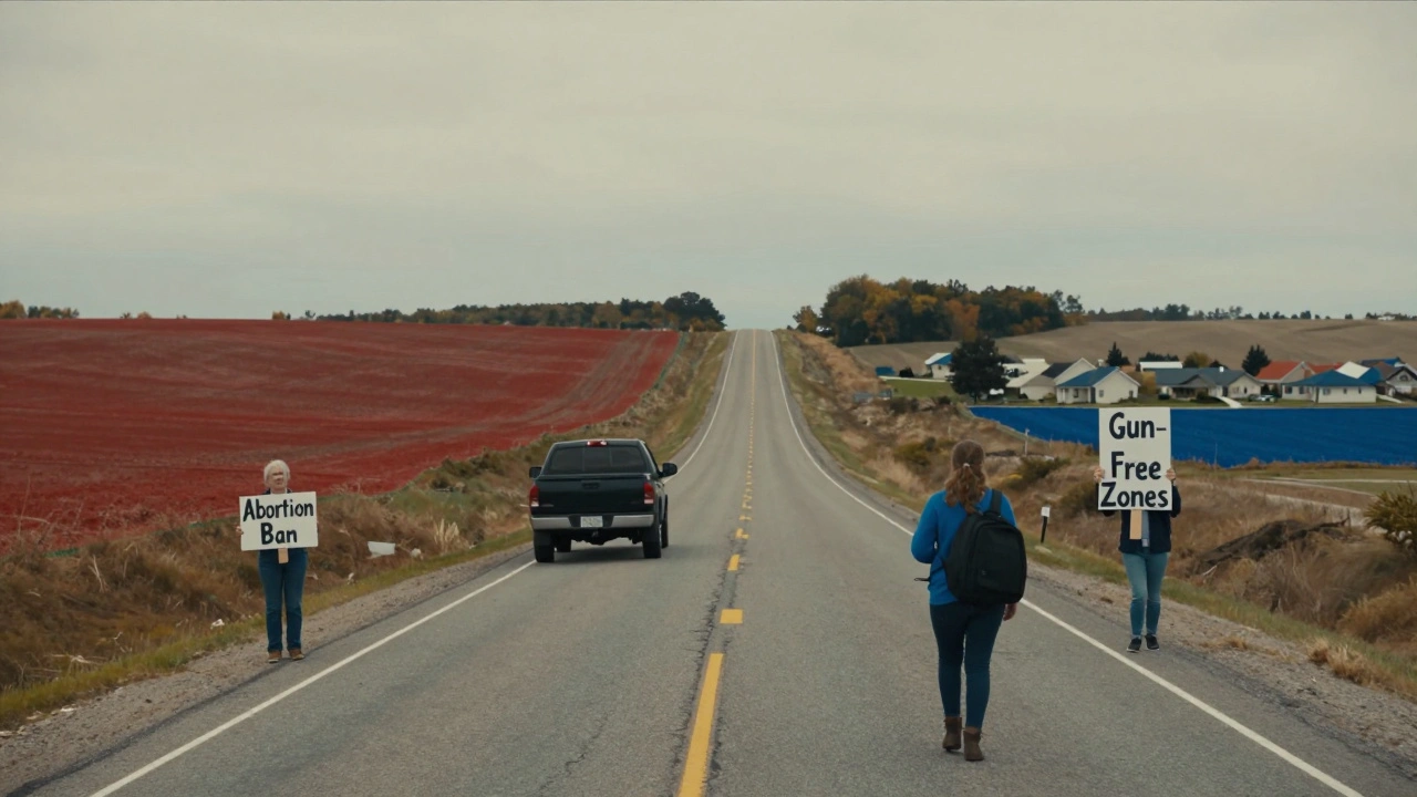 A highway dividing rural and suburban America, with voters walking in opposite directions holding opposing political signs.