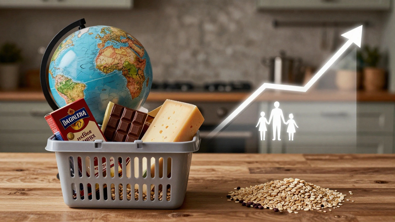 A kitchen table divided between expensive imported foods and affordable staples, with a globe showing climate-affected regions in the background.