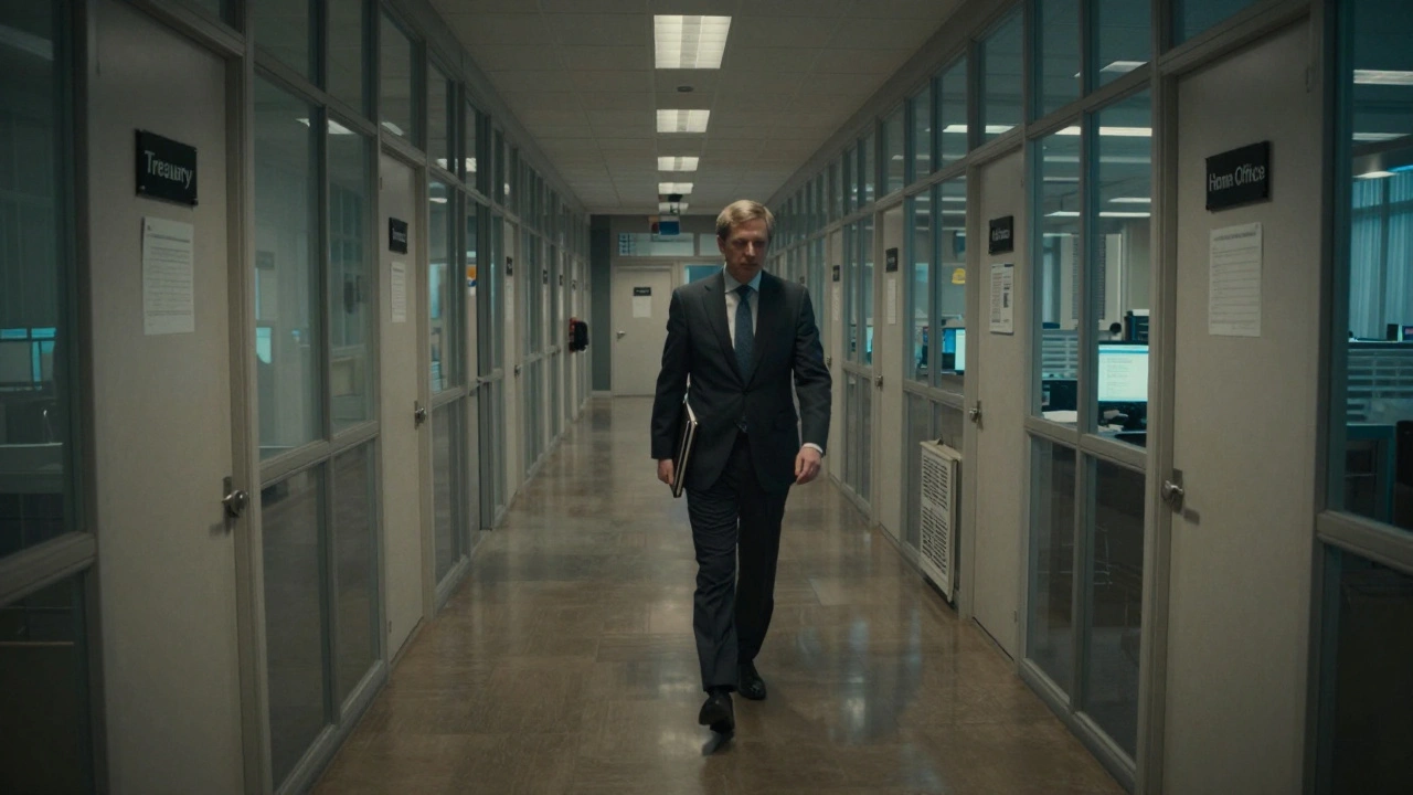 A lone civil servant walking down a dim Whitehall corridor filled with government offices.