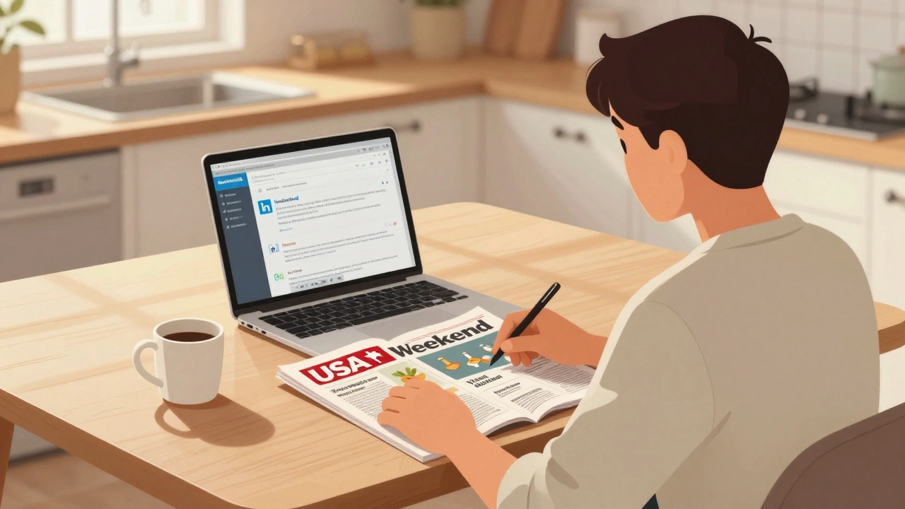 A millennial reading a printed USA Today newspaper at home with a laptop open nearby.