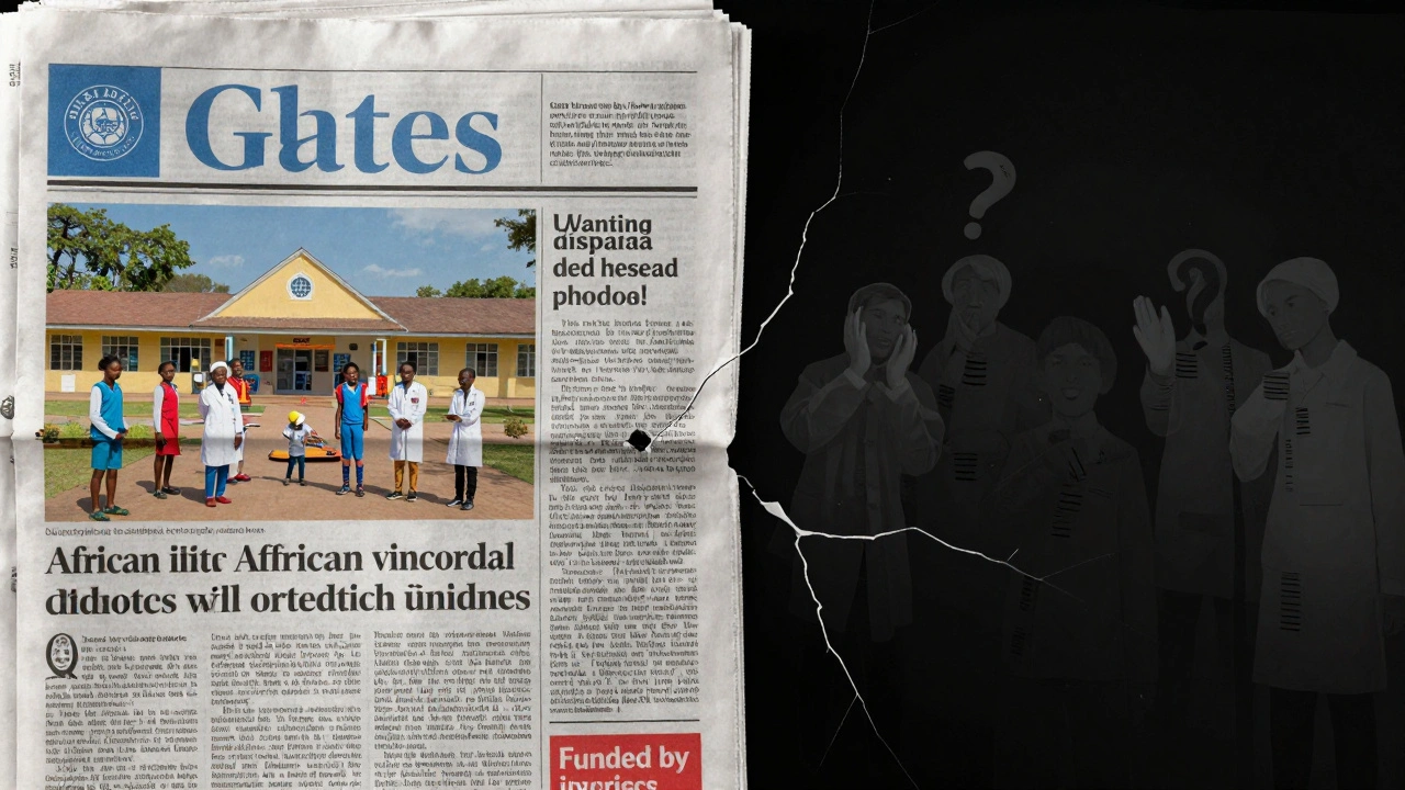 A newspaper split between uplifting development imagery and empty darkness, with a faint 'Funded by' label at the bottom.