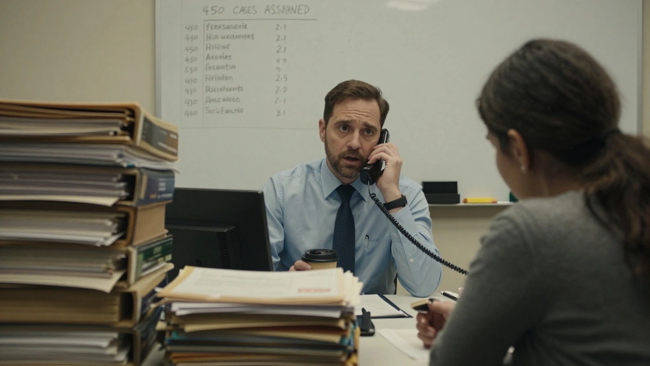 A probation officer overwhelmed by stacks of case files in a cluttered office, phone to ear.
