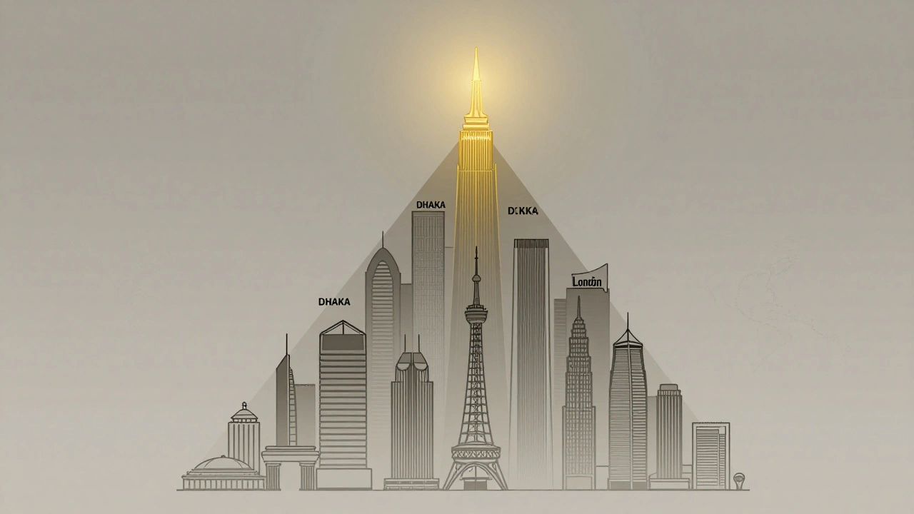 A pyramid showing global city populations with London at 12th, illuminated by cultural and economic symbols.
