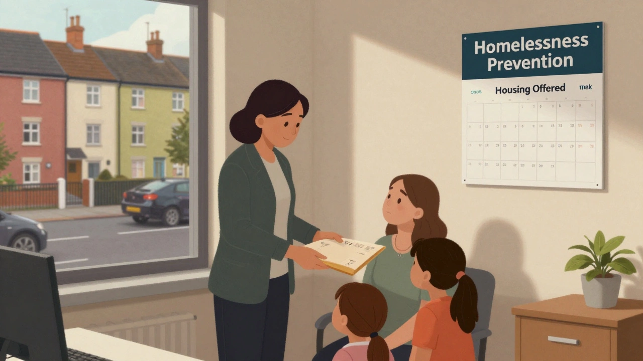 A social worker offering housing assistance to a mother and her children in a UK council office.