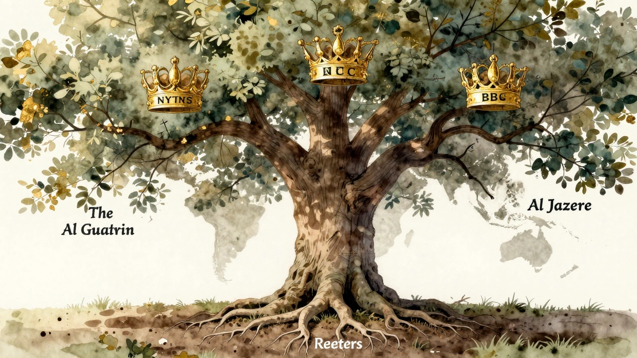 A symbolic oak tree with roots and branches representing global news sources, crowned by NYT, BBC, and CNN.