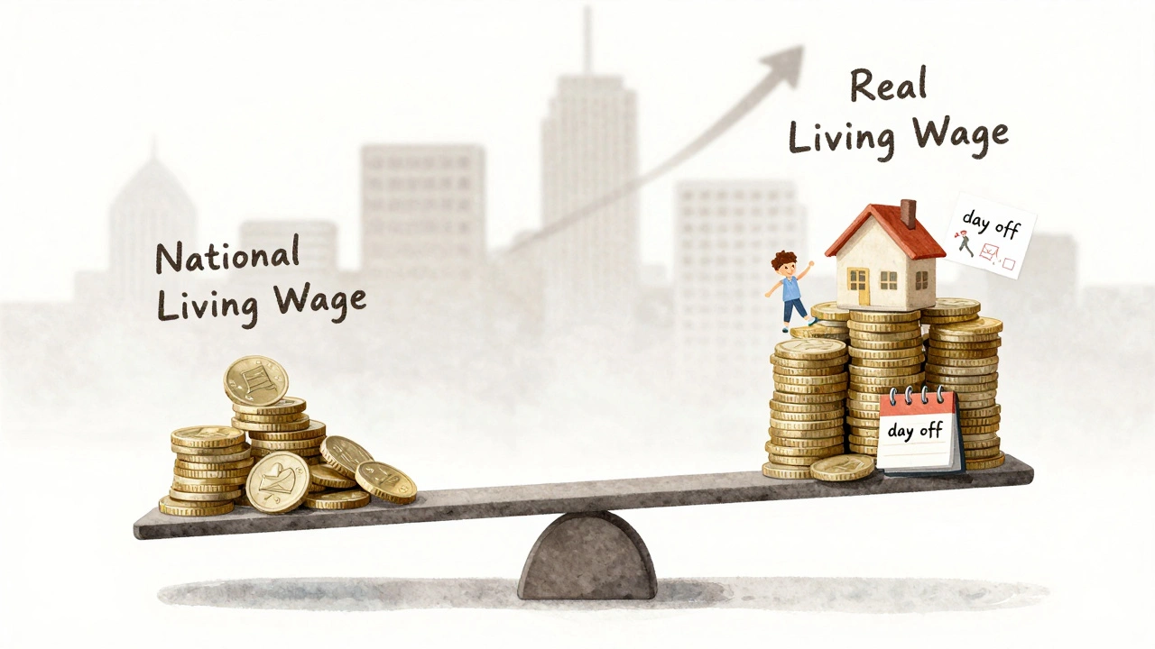 A symbolic scale balancing low wages against basic needs, with a city skyline in the background.