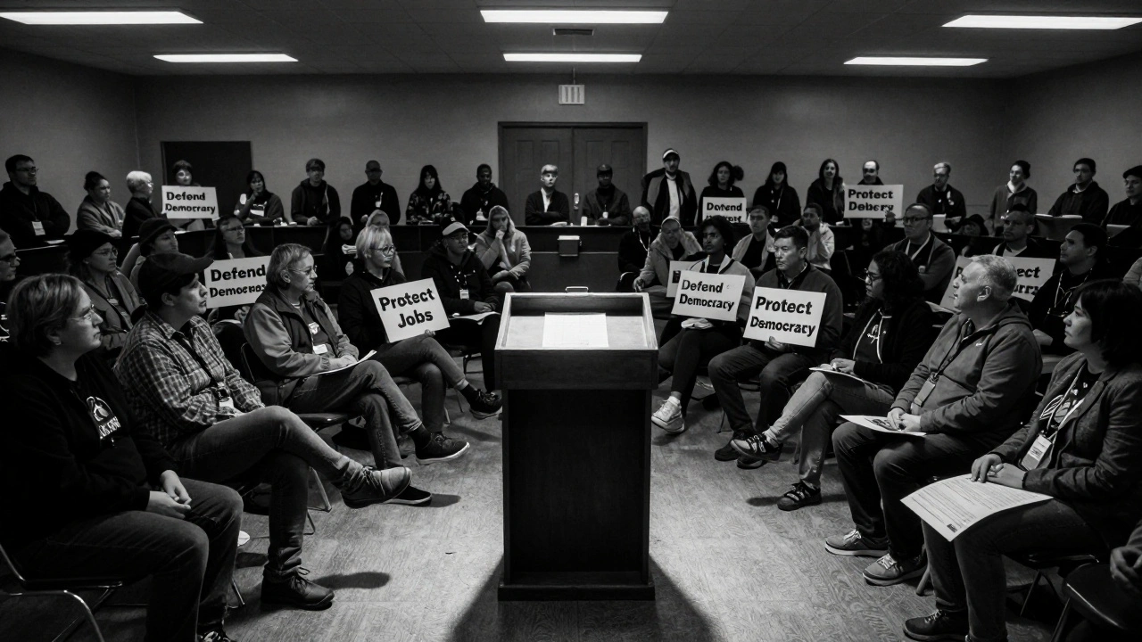 A tense town hall meeting with diverse voters under flickering lights, holding opposing political signs.