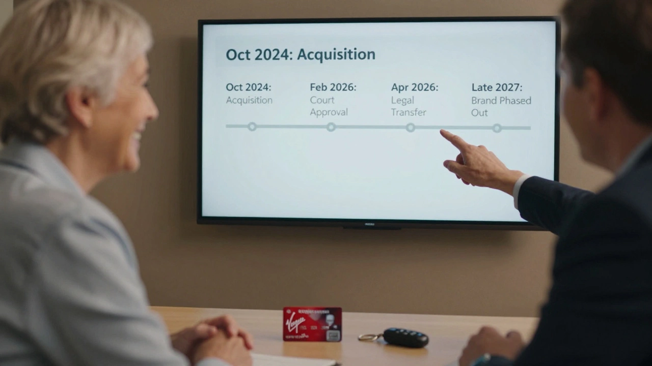 An advisor shows a timeline of bank merger milestones to a customer, with Virgin Money and Nationwide banking items on the table.