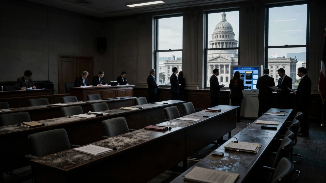 An empty U.S. Congress chamber at night while state capitals remain active under glowing lights.